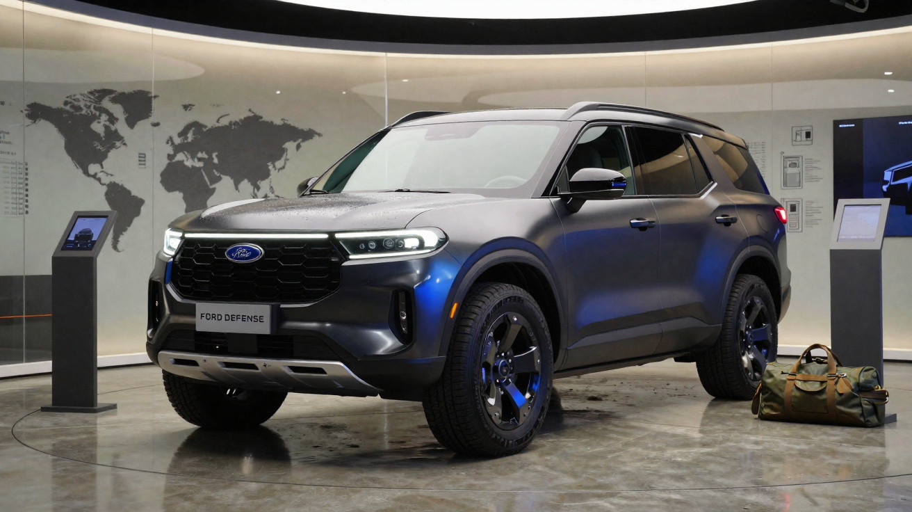 SUV Ford Defense cinza fosco exibido em showroom moderno com iluminação suave e bolsa de viagem ao lado.