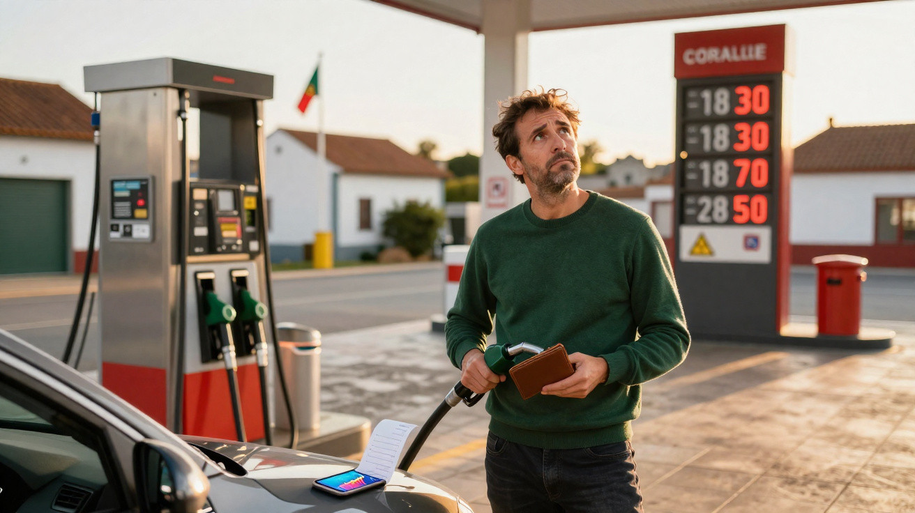 Homem segurando bomba de combustível e carteira em posto de gasolina vazio ao entardecer.