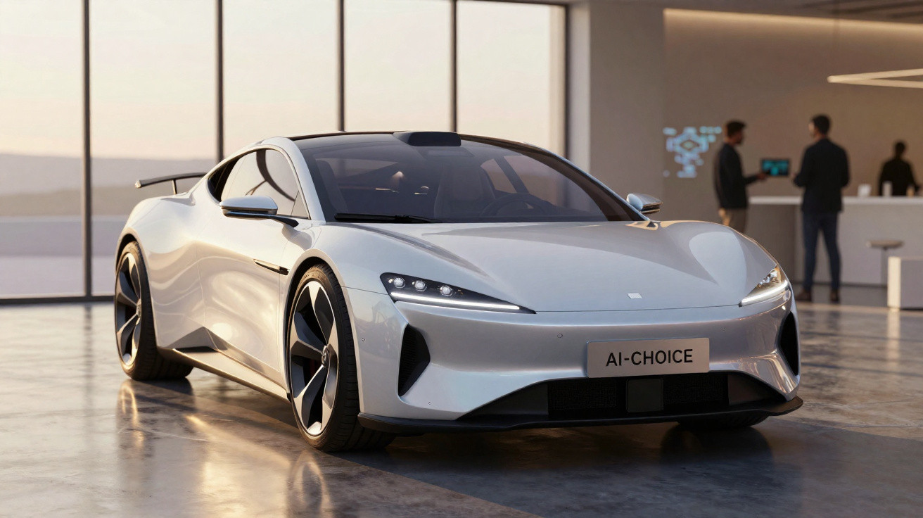 Carro esportivo elétrico prateado futurista estacionado em ambiente interno com pessoas ao fundo.