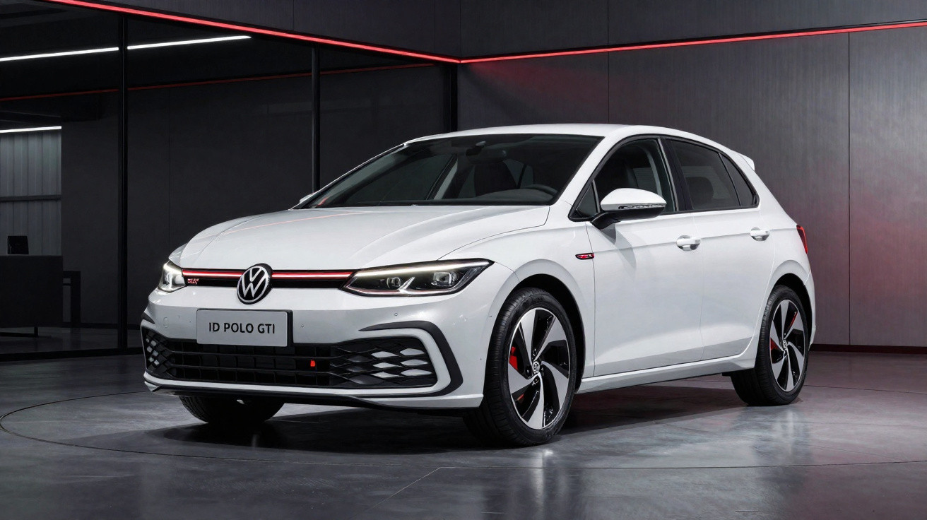 Carro branco Volkswagen ID Polo GTI estacionado em ambiente interno moderno com luzes vermelhas e paredes cinza.