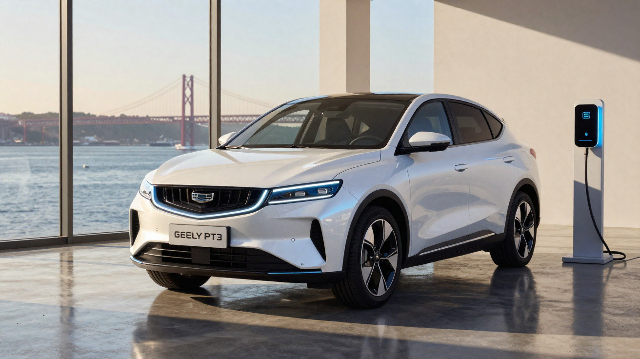 Carro elétrico branco Geely PT3 estacionado em ambiente interno próximo a carregador e frente para janela com vista para pont