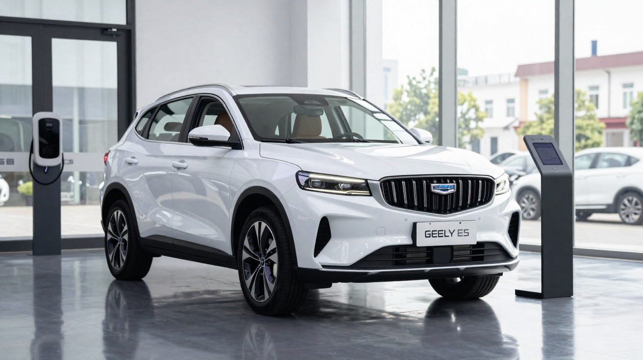 Carro elétrico branco Geely E5 exibido em showroom com carregador ao lado e grandes janelas ao fundo.