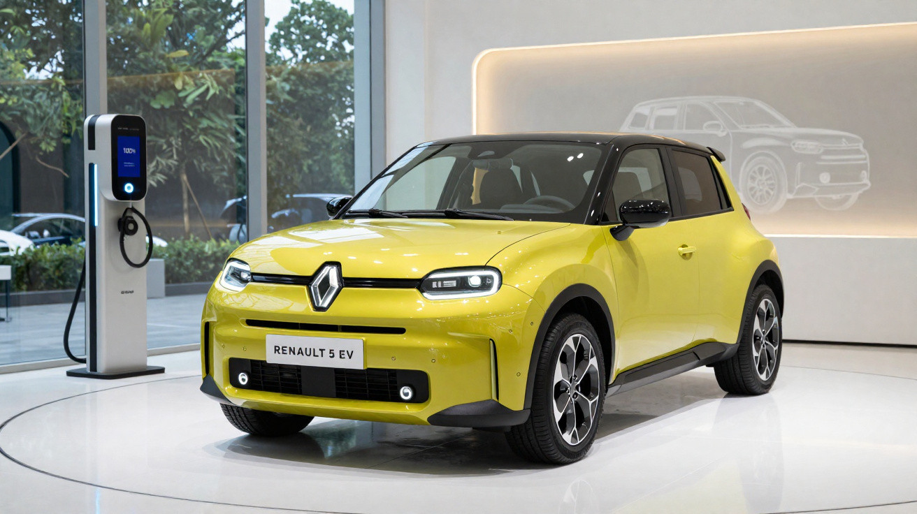 Carro elétrico Renault 5 EV amarelo exposto ao lado de um carregador em ambiente interno moderno.