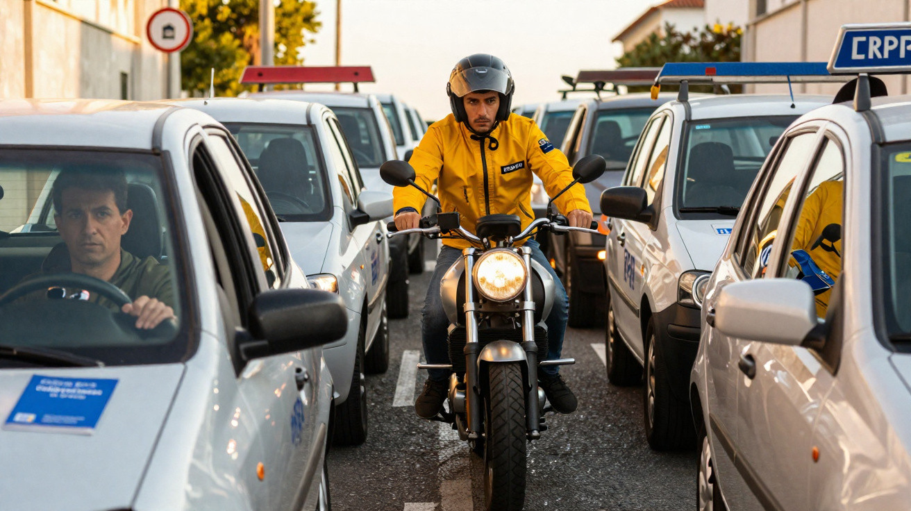 Motociclista com capacete e jaqueta amarela no meio de carros parados no trânsito urbano.