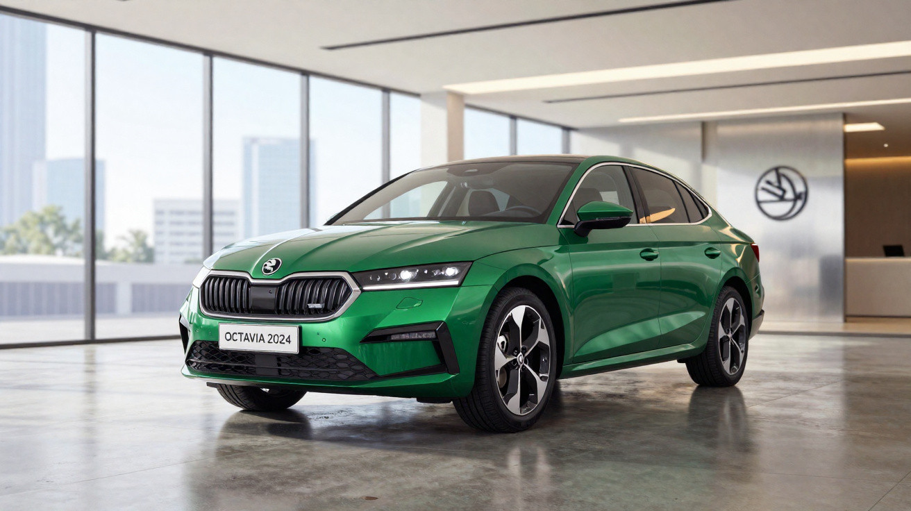 Carro Skoda Octavia 2024 verde em showroom moderno com grandes janelas e piso de concreto polido.