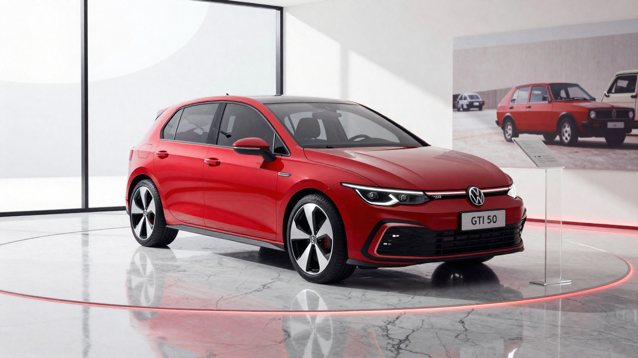 Carro vermelho Volkswagen GTI 50 em exposição moderna com piso de mármore e paredes claras.
