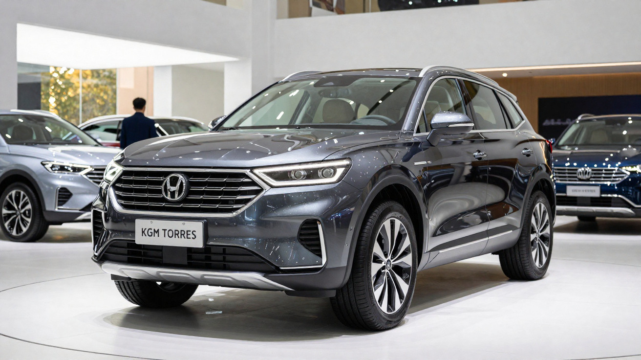SUV cinza escuro exibido em salão automotivo com detalhes modernos e rodas grandes.
