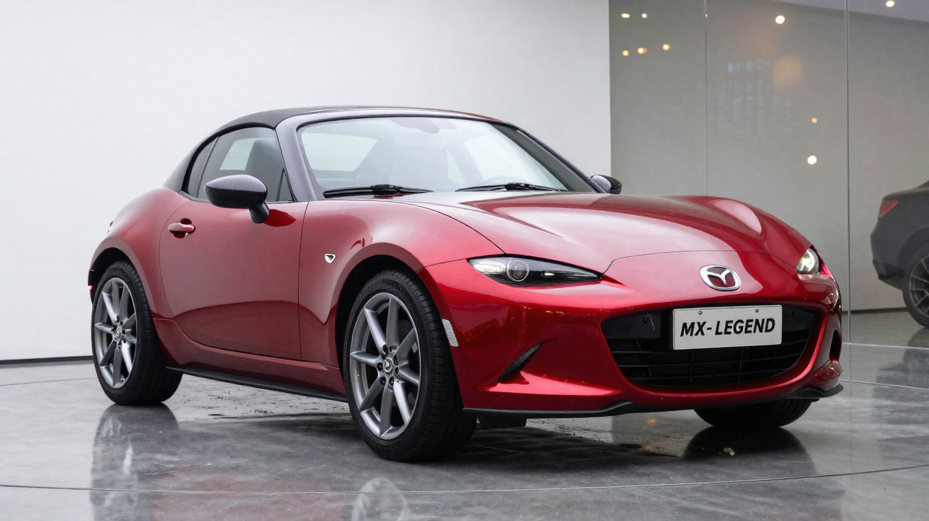 Carro esportivo conversível vermelho Mazda MX-Legend estacionado em ambiente interno com piso refletivo.