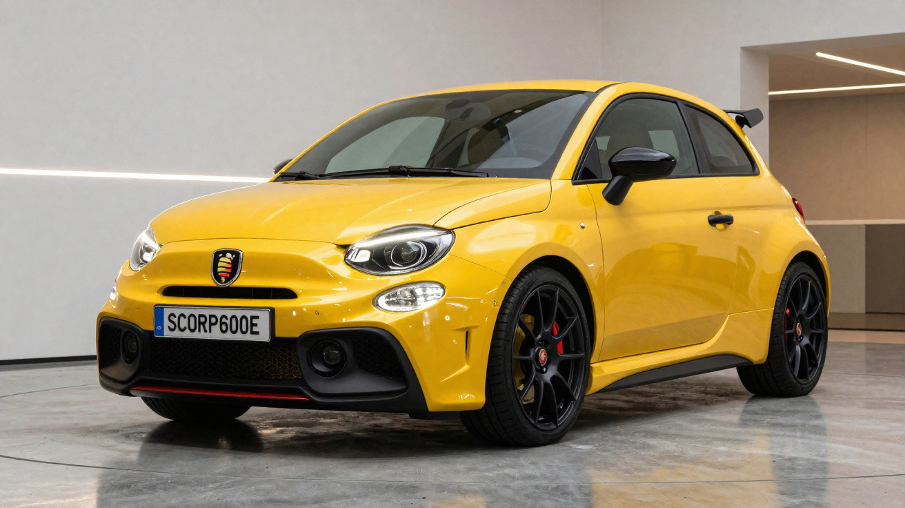 Carro esportivo compacto amarelo com rodas pretas, em ambiente interno com parede branca.