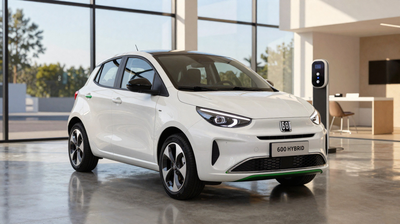 Carro hatch branco 600 Hybrid estacionado em showroom moderno com carregador elétrico ao fundo.