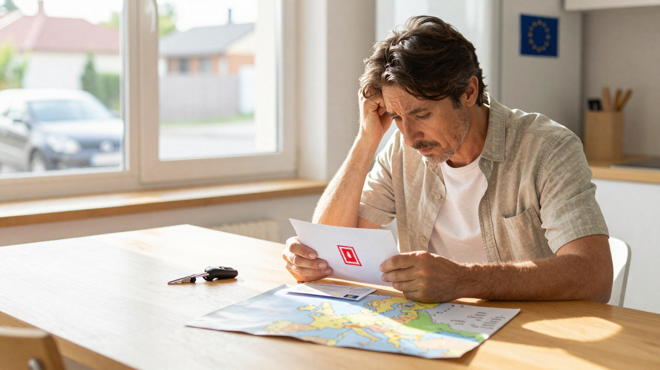 Homem pensativo analisando documentos sobre uma mesa com mapa e chaves ao lado em ambiente iluminado.