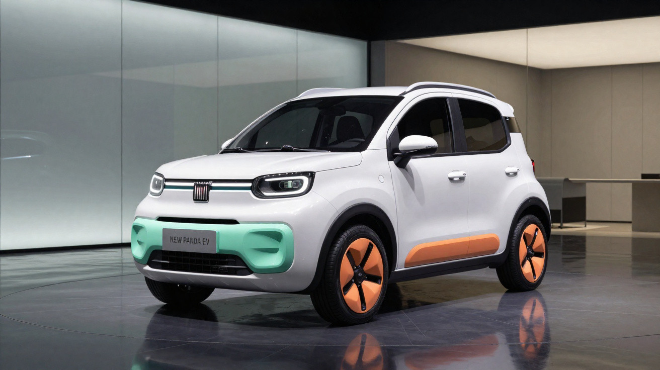 Carro elétrico Fiat New Panda EV branco com detalhes verdes e rodas laranja em ambiente interno moderno.