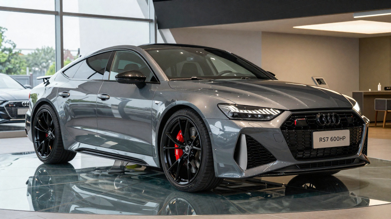 Carro esportivo Audi RS7 cinza com rodas pretas e freios vermelhos em showroom moderno.