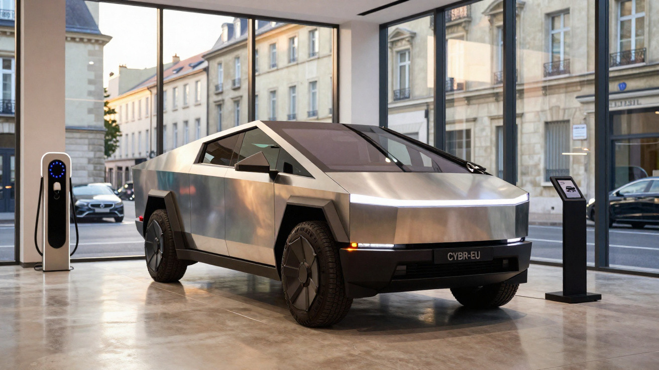 Carro elétrico futurista prata, modelo angular, exposto em showroom com carregador ao lado.