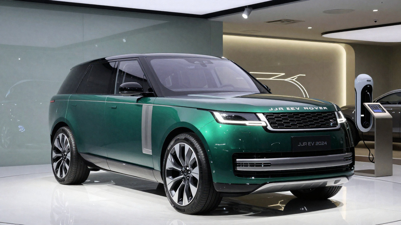 SUV elétrico verde metálico modelo JJR EV 2024 exibido em showroom moderno com iluminação branca.