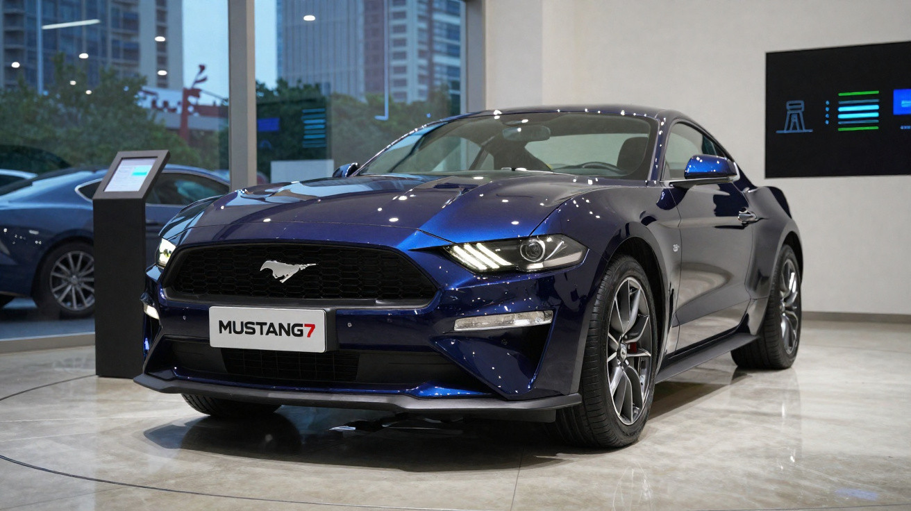 Carro esportivo Ford Mustang azul estacionado em showroom com placa personalizada Mustang 7.