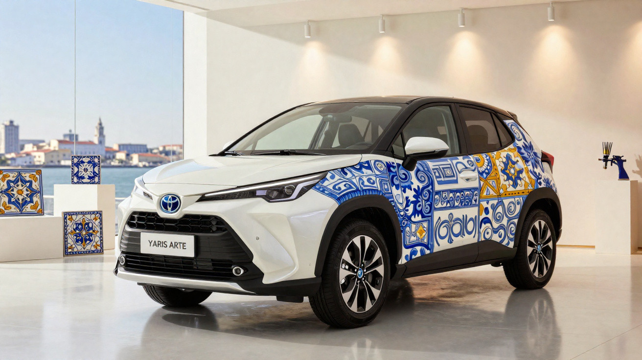 Carro Toyota Yaris branco com detalhes em azulejos azuis e amarelos em exposição interna iluminada.