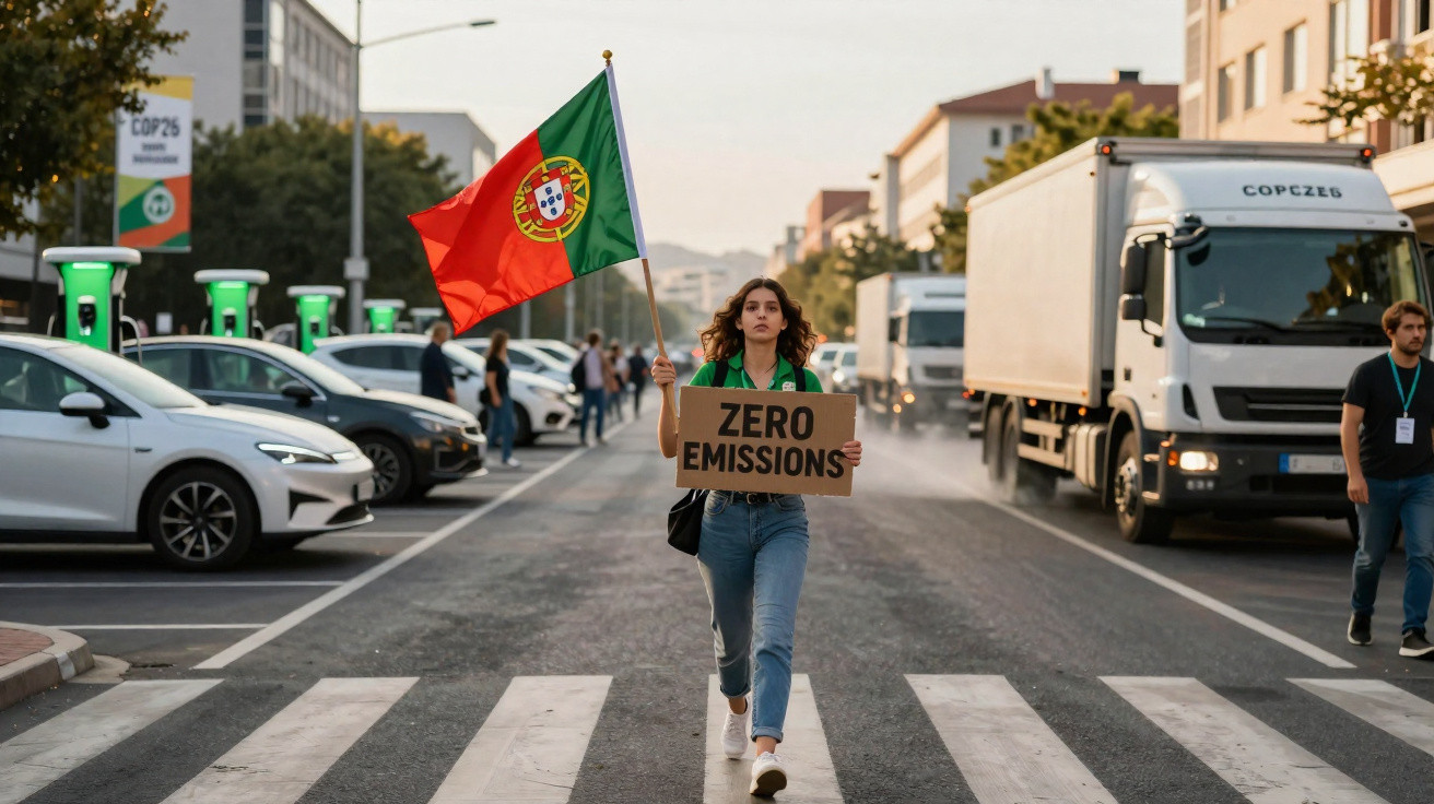 Jovem segura placa "Zero Emissions" e bandeira de Portugal em protesto na rua com carros e caminhões ao fundo.