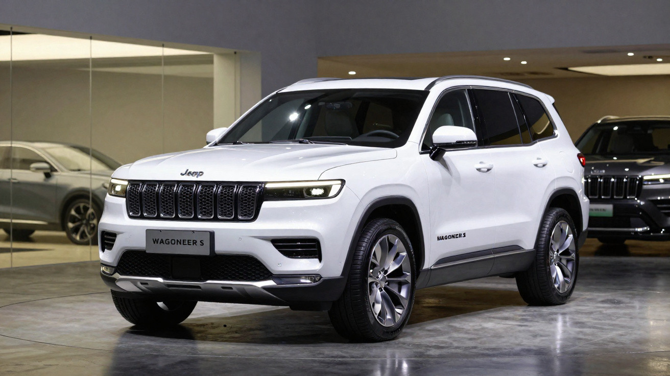 SUV Jeep Wagoneer S branco estacionado em showroom com piso de concreto polido.