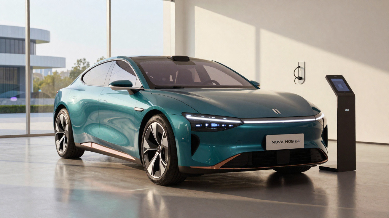 Carro elétrico verde estacionado em ambiente interno, conectado a carregador exibindo tela digital.