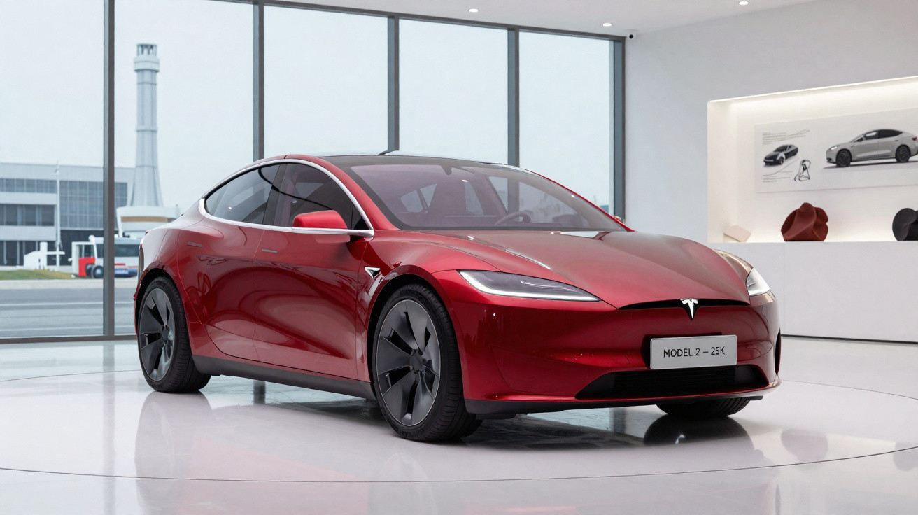Carro elétrico Tesla Model 2 vermelho exibido em showroom moderno com vidro panorâmico ao fundo.