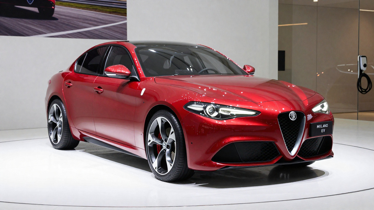 Carro esportivo Alfa Romeo Milano EV vermelho exibido em ambiente interno com piso branco.