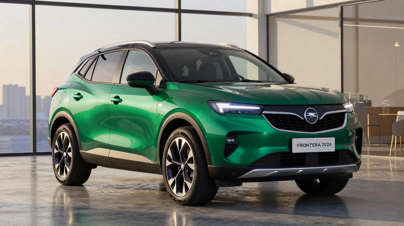 SUV verde Opel Frontera 2024 estacionado em ambiente interno com grandes janelas de vidro.