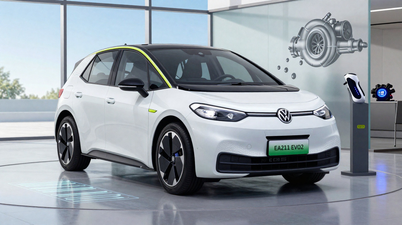 Carro elétrico Volkswagen branco exposto em showroom moderno com estação de recarga ao lado.
