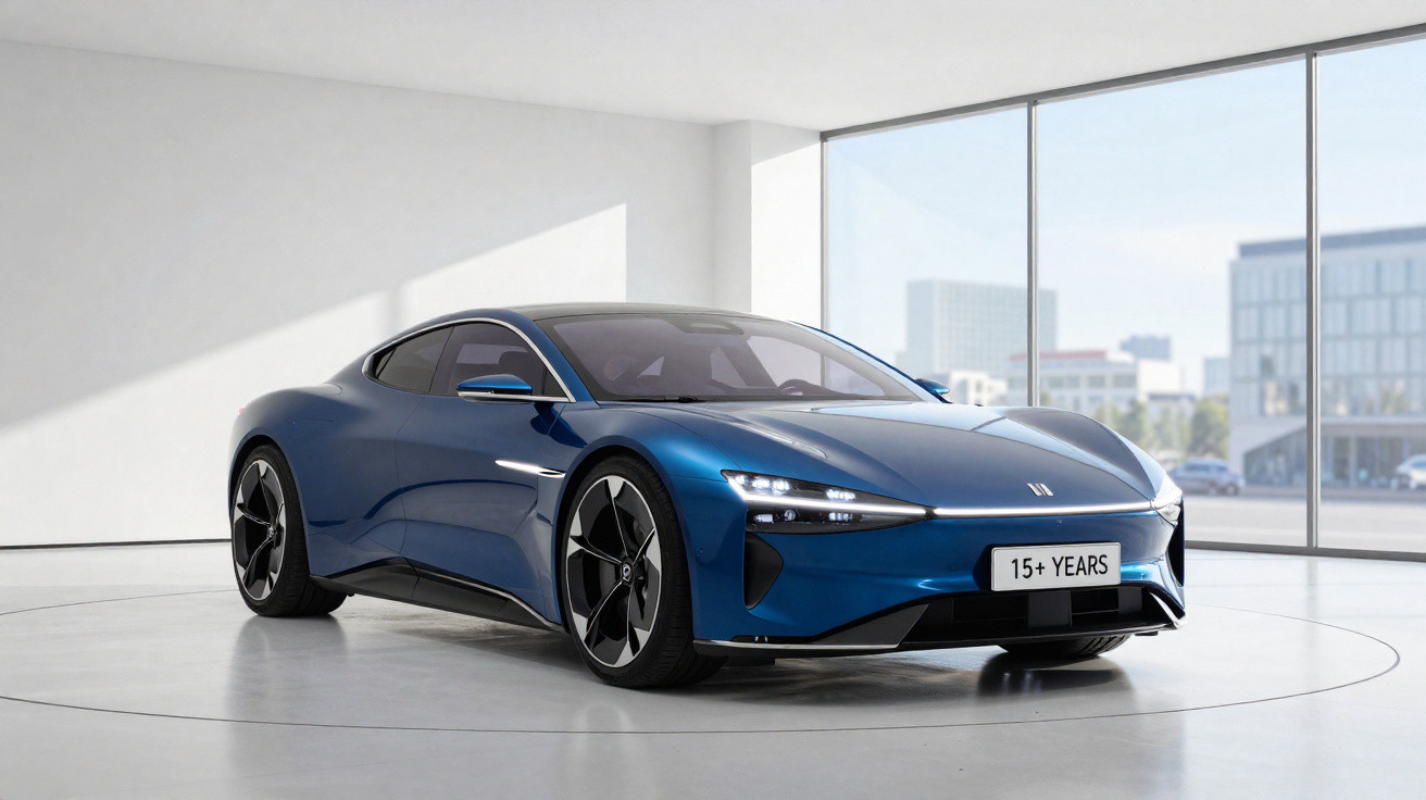 Carro esportivo elétrico azul em ambiente moderno com grandes janelas e luz natural entrando.