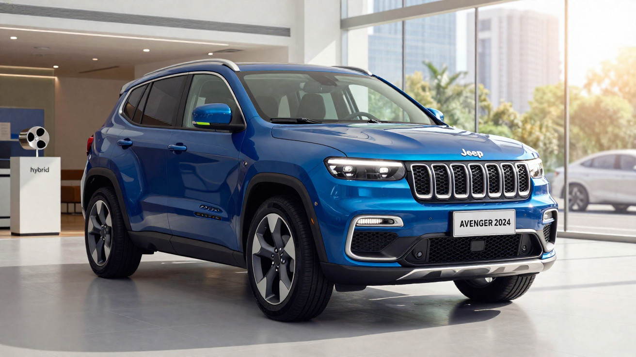 SUV Jeep Avenger 2024 azul em exposição em ambiente interno com grandes janelas ao fundo.