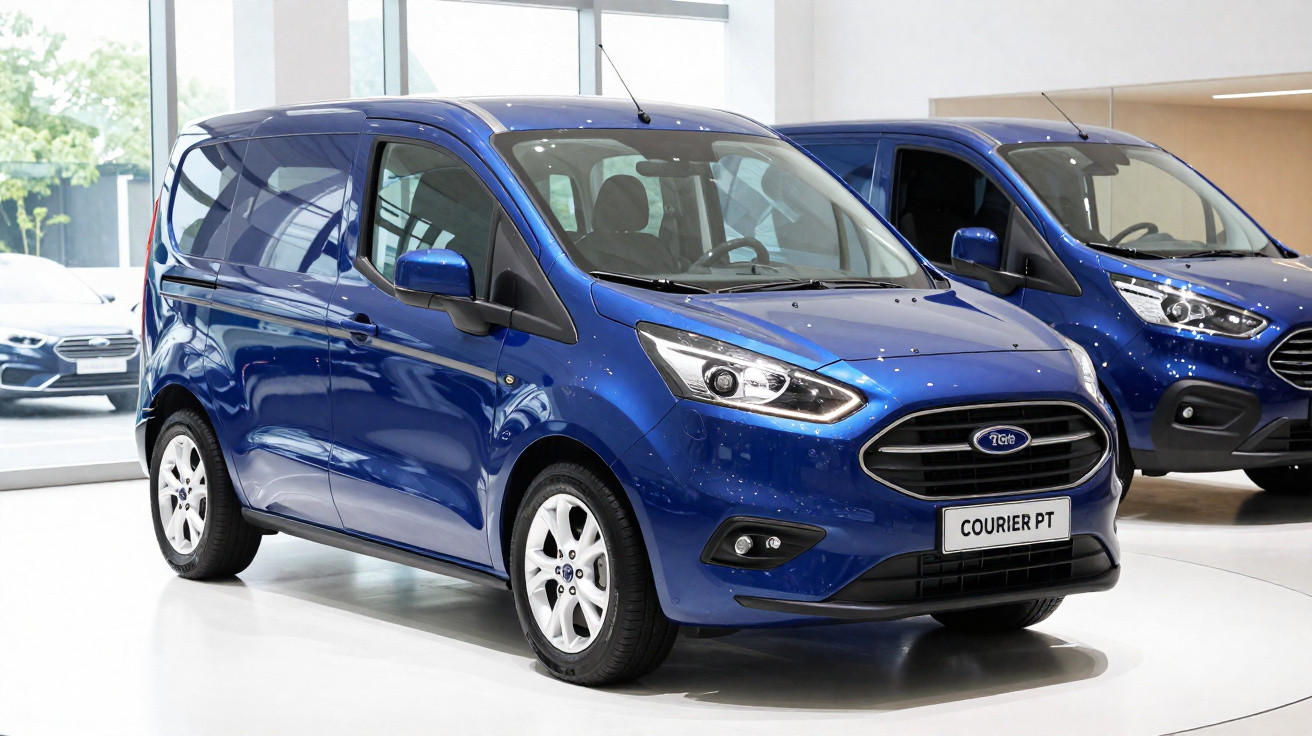 Van Ford Courier PT azul exibida em showroom moderno com piso branco e paredes claras.