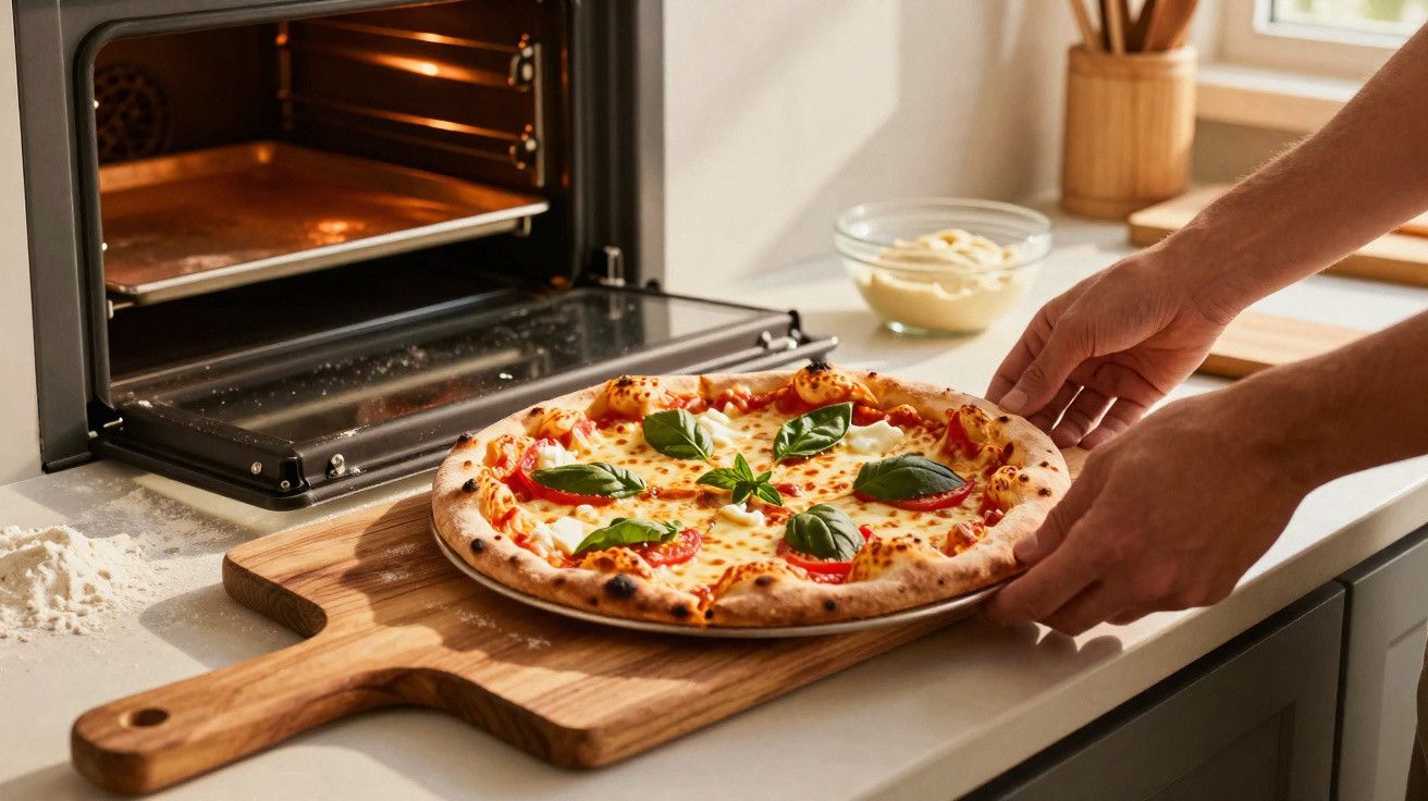 Pessoa retirando pizza de forno sobre tábua de madeira em cozinha iluminada pela luz natural.