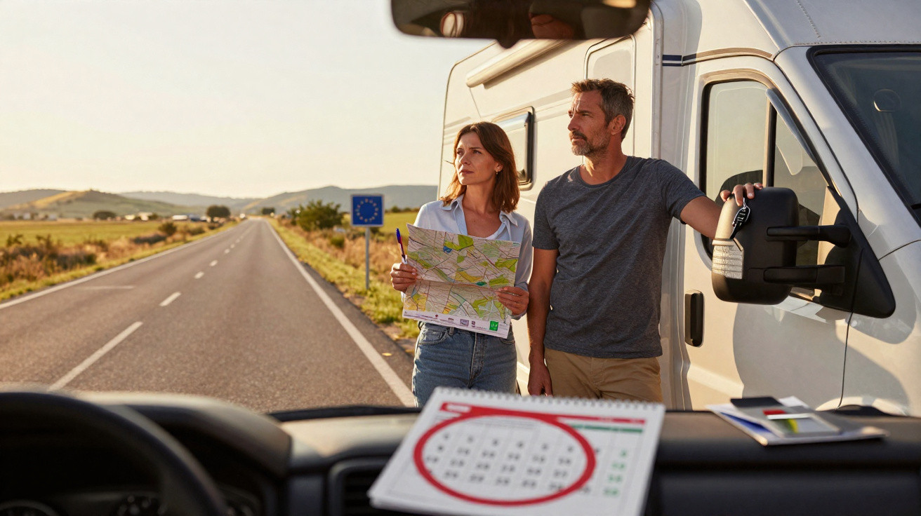 Casal ao lado de uma van em estrada rural olhando mapa para se orientar ao pôr do sol.