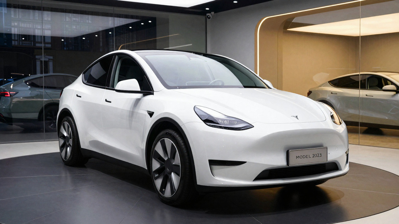 Carro elétrico branco Tesla Model Y 2023 exposto em showroom moderno com paredes de vidro.