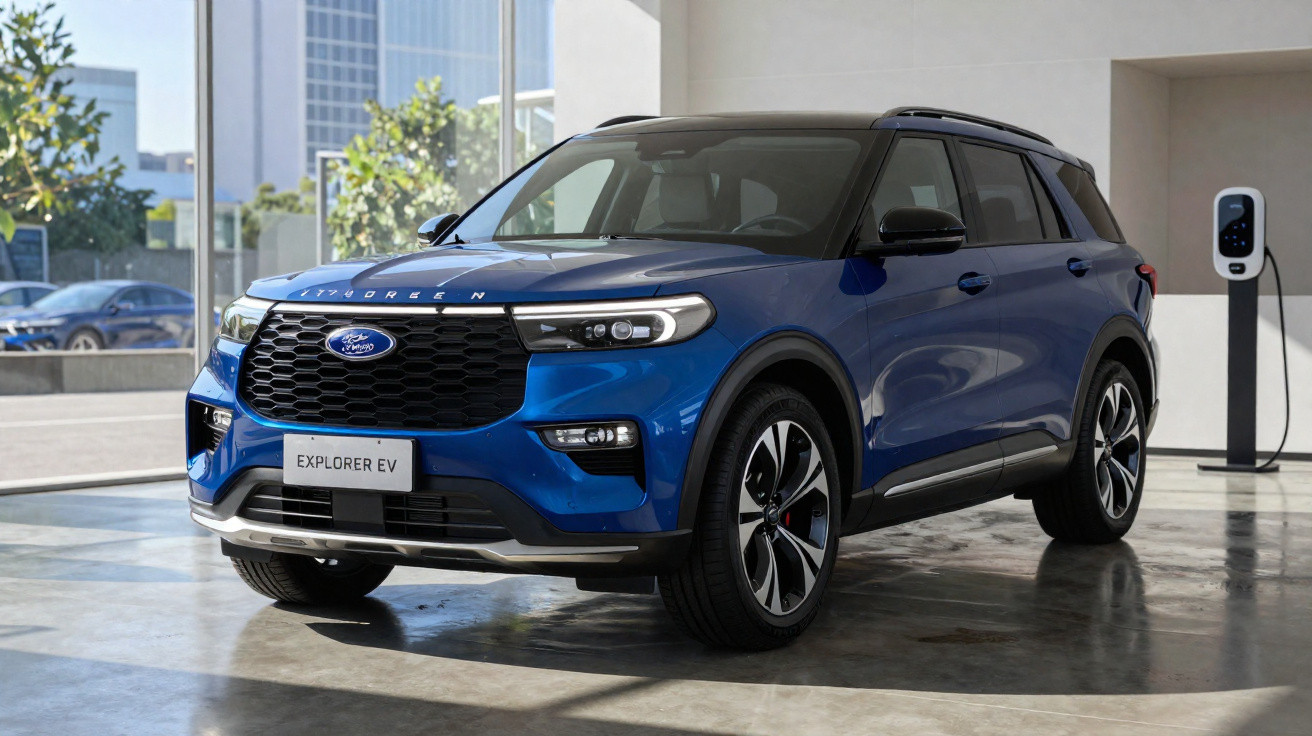 SUV elétrico Ford Explorer EV azul estacionado em garagem com carregador ao fundo.