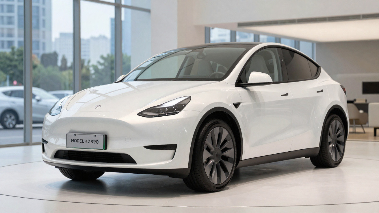 Carro elétrico branco Tesla Model Y exibido em showroom moderno com grandes janelas.