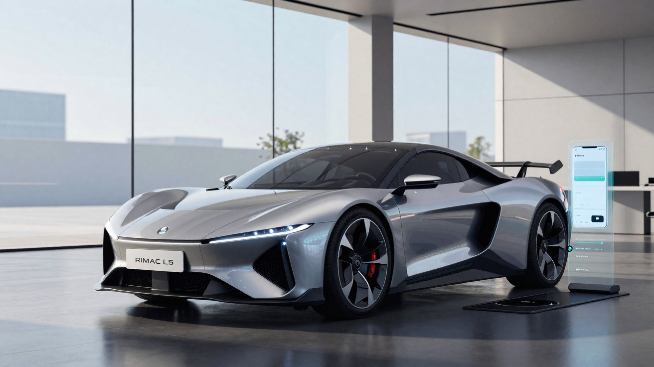 Carro esportivo elétrico cinza Rimac L5 em showroom moderno com vidro e carregador ao lado.