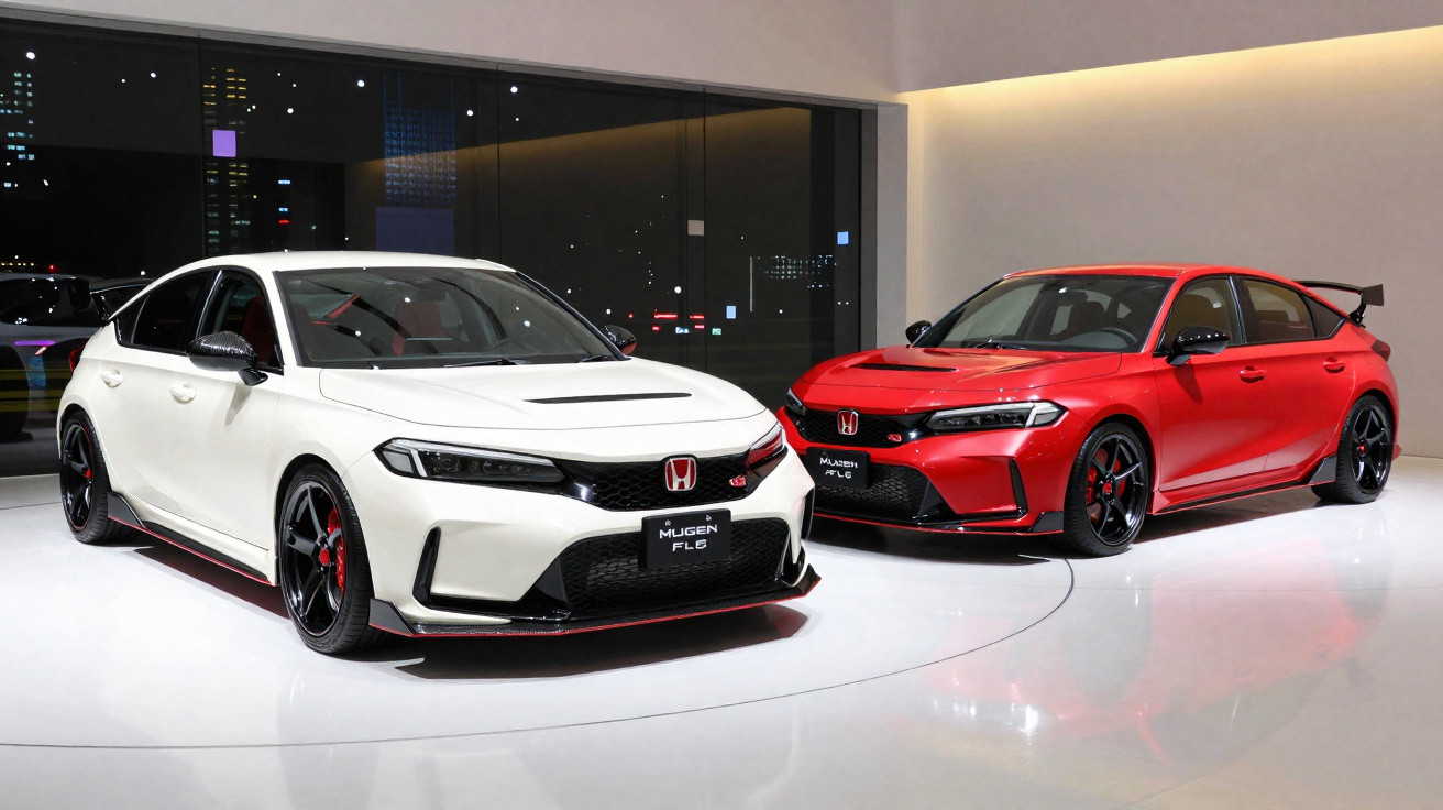 Dois carros esportivos Honda Mugen FL6, um branco e um vermelho, expostos em ambiente moderno e iluminado.