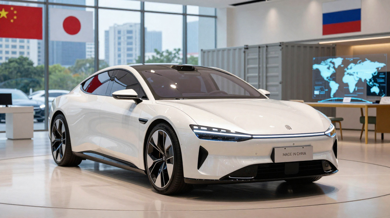 Carro elétrico branco em exposição, com design moderno e rodas grandes em showroom iluminado.