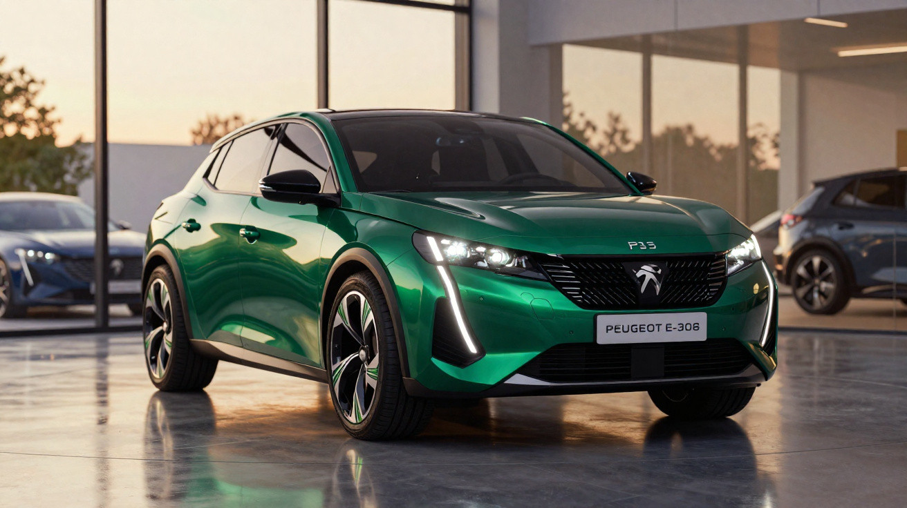 SUV Peugeot E-308 verde exibido em showroom moderno com piso refletivo e janelas amplas ao fundo.