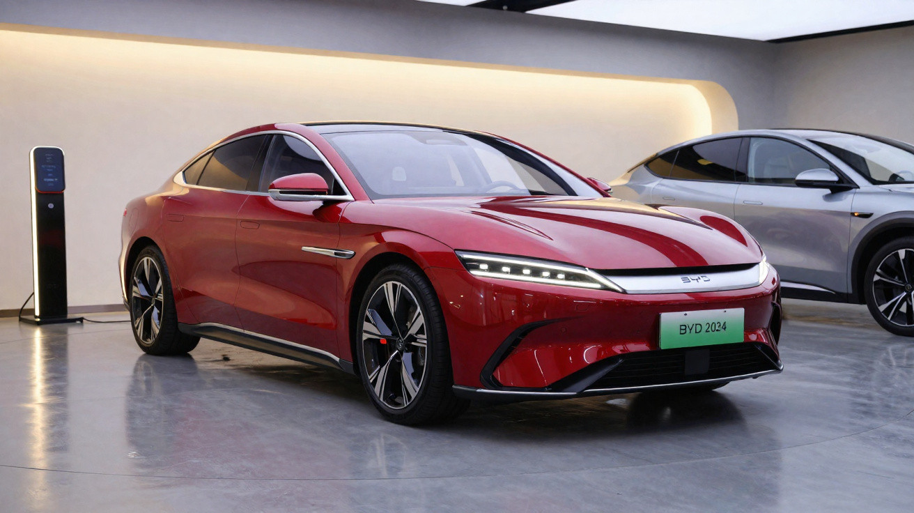 Carro elétrico sedan vermelho BYD 2024 em exibição em sala com piso de cimento polido.