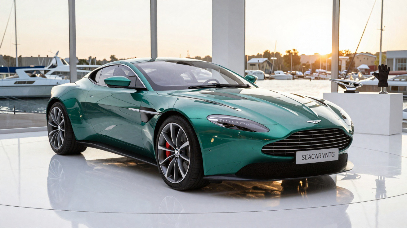 Carro esportivo verde metálico Aston Martin Vantage estacionado em galeria com vista para marina ao pôr do sol.