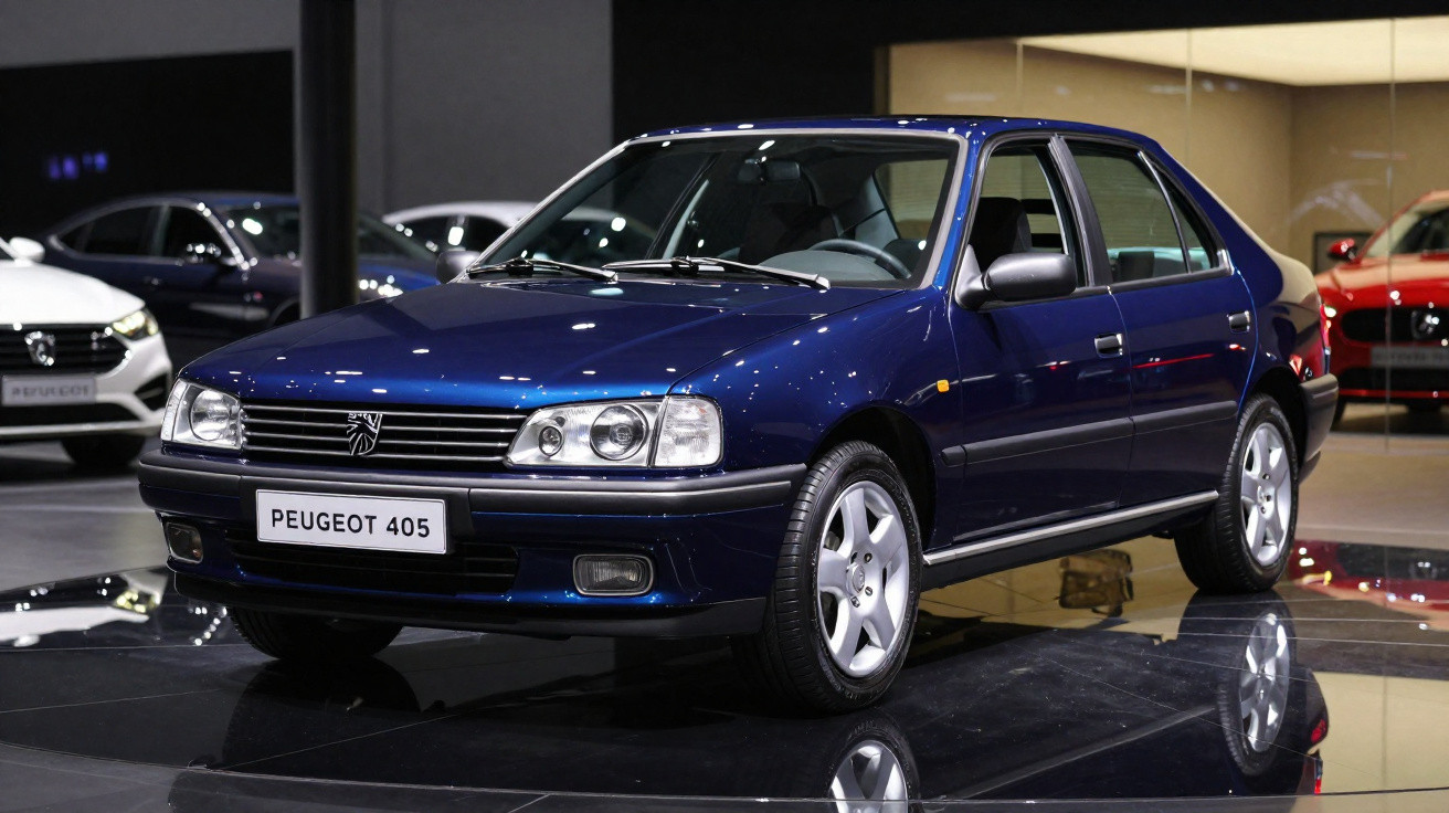 Carro azul Peugeot 405 exibido em showroom com piso brilhante e outros veículos ao fundo.