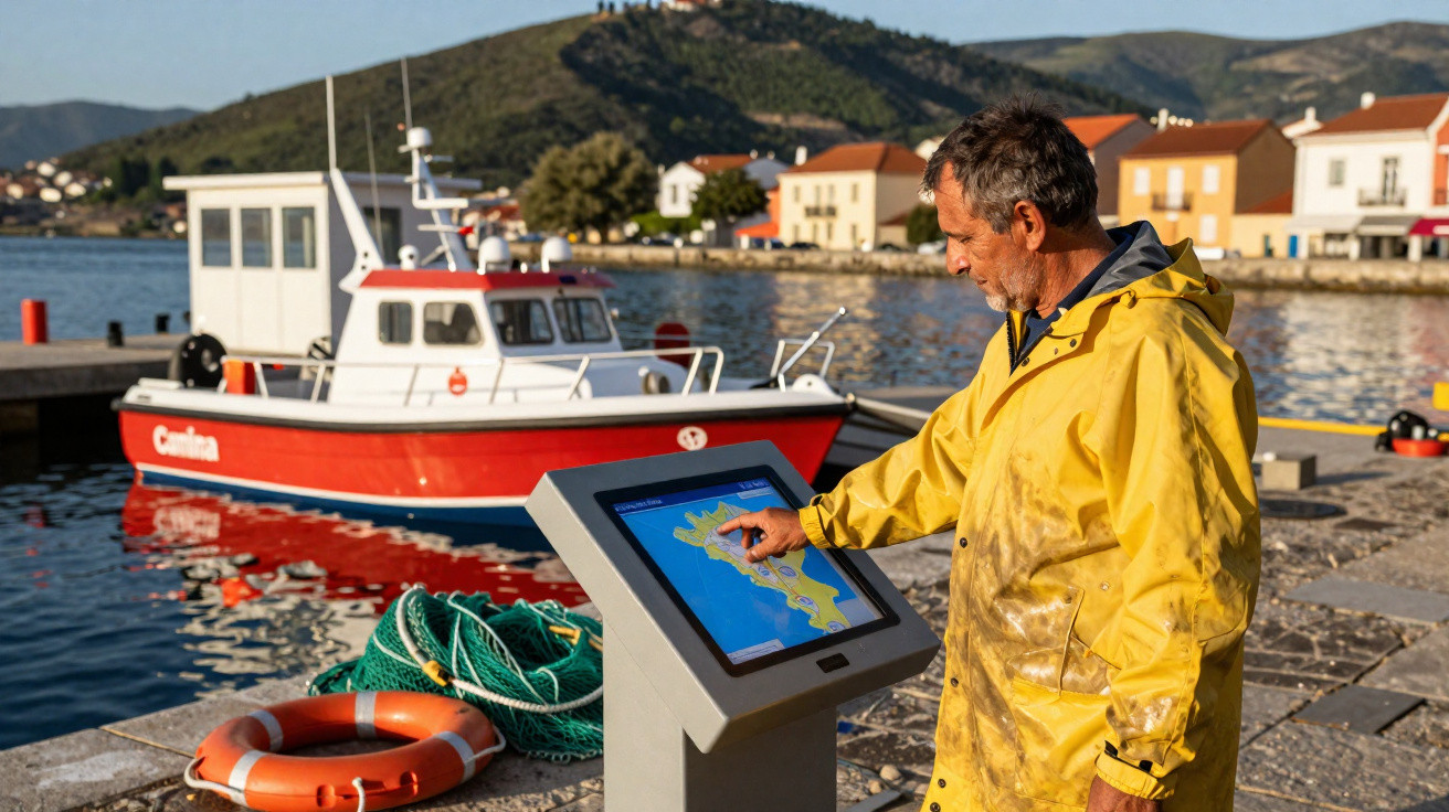 Homem com capa amarela consulta mapa digital à beira de marina com barco e rede de pesca.