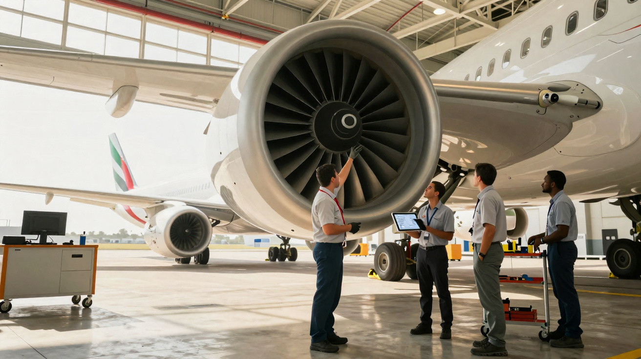 Técnicos inspecionam motor de avião em hangar, com computador e equipamentos ao redor.