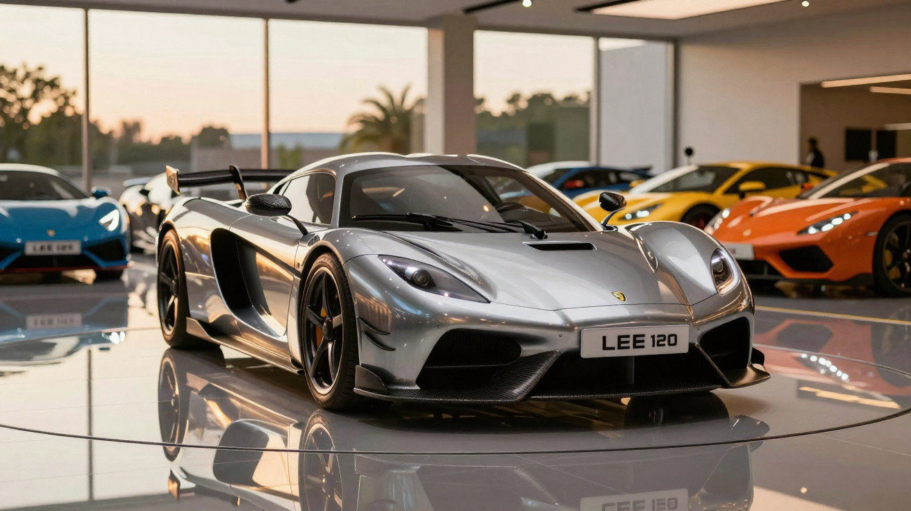 Carro esportivo prata em showroom moderno com reflexo no chão e outros carros coloridos ao fundo.