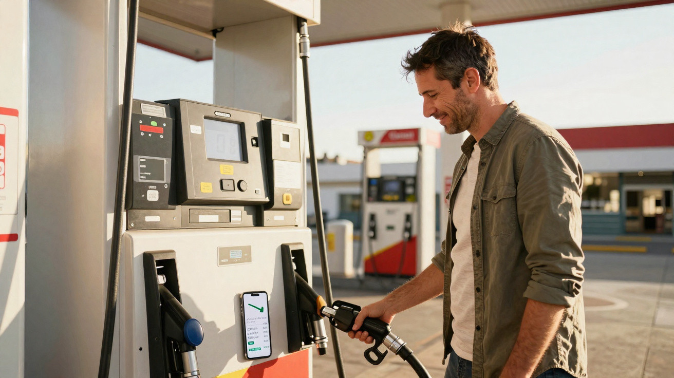 Homem sorrindo abastecendo carro em posto de gasolina com smartphone registrado consumo.