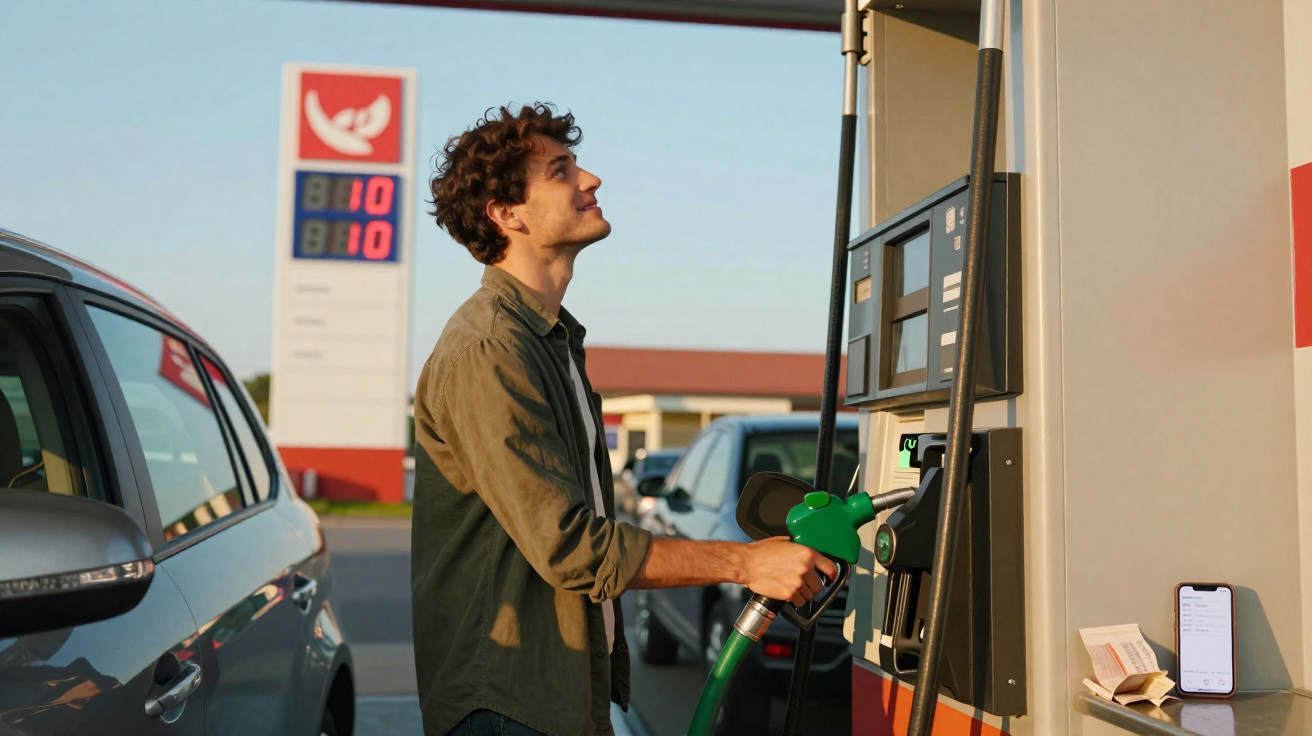 Homem abastece carro em posto de gasolina em dia claro com céu azul ao fundo.