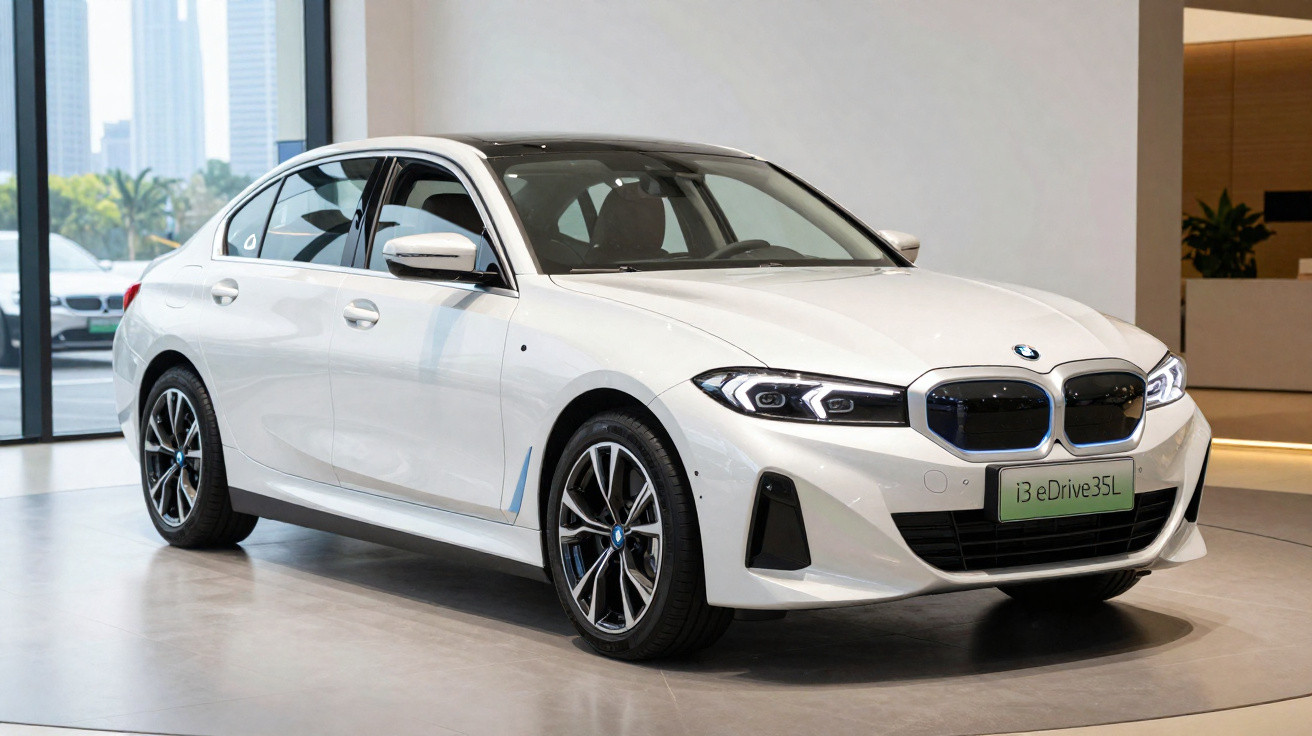 Carro BMW branco modelo i3 eDrive35L estacionado em ambiente interno moderno com vidro ao fundo.