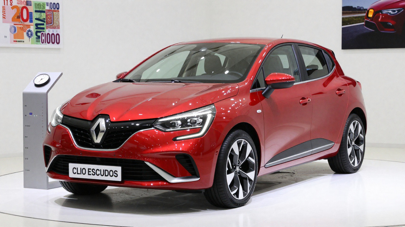 Carro hatch vermelho Renault Clio Escudos exposto em salão de automóveis, vista frontal e lateral direita.